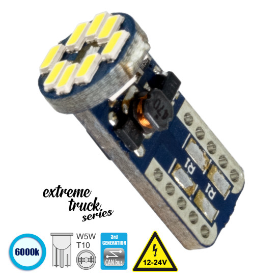 GloboStar® T10 W5W 81104 Λάμπα Αυτοκίνητου  3rd Generation Can-Bus Extreme Truck Series LED 12 SMD 3014 3.2W 480lm 360° DC 12-24V IP20 Ψυχρό Λευκό 6000K