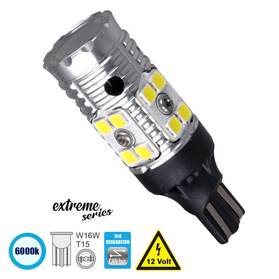 GloboStar® T10 W5W 81131 Λάμπα Αυτοκίνητου T15 - W16W 3rd Generation Can-Bus Extreme Series LED 16 SMD 3030 13W 1950lm 360° DC 12V IP20 Ψυχρό Λευκό 6000K