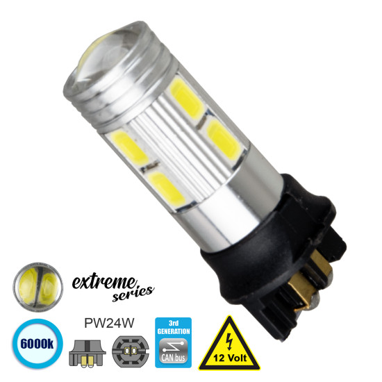 GloboStar® 81172 Λάμπα Αυτοκίνητου PW24W 3rd Generation Can-Bus Extreme Series LED 10 SMD 5630 5W 750lm 360° DC 12V IP20 Ψυχρό Λευκό 6000K