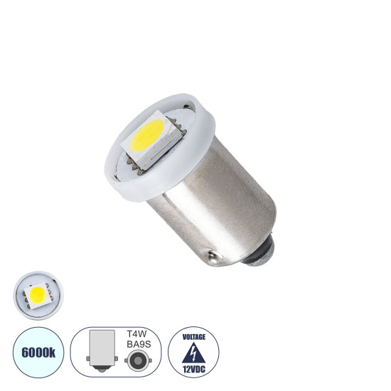 GloboStar® T4W BA9S BA9S T4W 81282 Λάμπα Αυτοκίνητου 5050 1SMD HIGH BRIGHT 0.12W 12LM DC12V IP20 Ψυχρό Λευκό 6000K