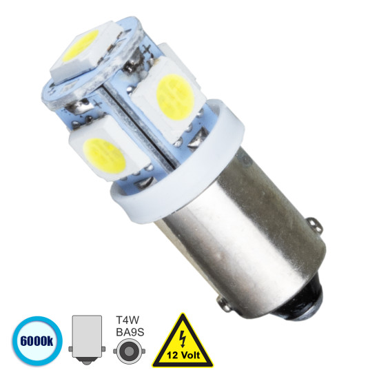 GloboStar® T4W BA9S 81284 Λάμπα Αυτοκίνητου LED 5 SMD 5050 2W 300lm 360° DC 12V IP20 Ψυχρό Λευκό 6000K