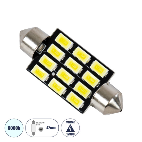 GloboStar® C5W 81308 Λάμπα Αυτοκινήτου LED 42mm FESTOON - 12xSMD5630 6W 900lm 120° DC 12-16V IP20 Μ4.2 x Π1.2 x Υ1.2cm Ψυχρό Λευκό 6000K