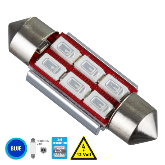 GloboStar® C5W 81314 Λάμπα Αυτοκίνητου 36mm FESTOON  2nd Generation Can-Bus Series LED 6 SMD 5630 4W 480lm 120° DC 12V IP20 Μπλε