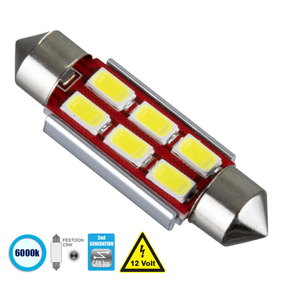 GloboStar® C5W 81316 Λάμπα Αυτοκίνητου 39mm FESTOON  2nd Generation Can-Bus Series LED 6 SMD 5630 4W 600lm 120° DC 12V IP20 Ψυχρό Λευκό 6000K