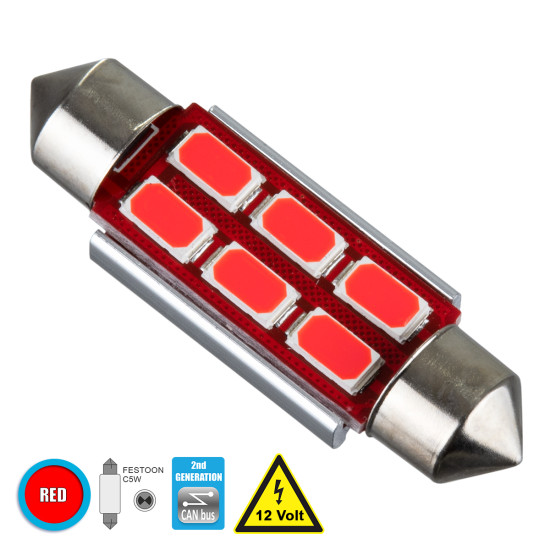 GloboStar® C5W 81318 Λάμπα Αυτοκίνητου 39mm FESTOON  2nd Generation Can-Bus Series LED 6 SMD 5630 4W 480lm 120° DC 12V IP20 Κόκκινο