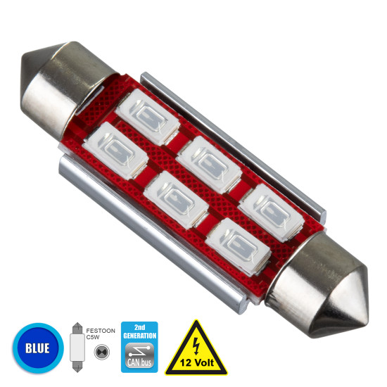 GloboStar® C5W 81323 Λάμπα Αυτοκίνητου 42mm FESTOON  2nd Generation Can-Bus Series LED 6 SMD 5630 4W 480lm 120° DC 12V IP20 Μπλε