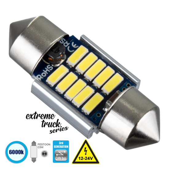 GloboStar® C5W 81328 Λάμπα Αυτοκινήτου & Φορτηγού 31mm FESTOON  3rd Generation Can-Bus Extreme Truck Series LED 10 SMD 4014 3W 450lm 120° DC 12-24V IP20 Ψυχρό Λευκό 6000K