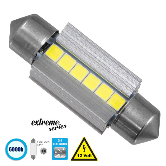 GloboStar® C5W 81338 Λάμπα Αυτοκινήτου 36mm FESTOON  3rd Generation Can-Bus Extreme Series LED 6 SMD 3030 6W 900lm 120° DC 12V IP20 Ψυχρό Λευκό 6000K