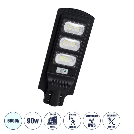 GloboStar® STREETA 85343 Professional LED Solar Street Light Αυτόνομο Ηλιακό Φωτιστικό Δρόμου 90W 900lm 144 x LED SMD 5730 με Ενσωματωμένο Φωτοβολταϊκό Panel 6V 12W & Επαναφορτιζόμενη Μπαταρία Li-ion 3.2V 12000mAh με Αισθητήρα Ημέρας-Νύχτας & PIR Αισθητήρ