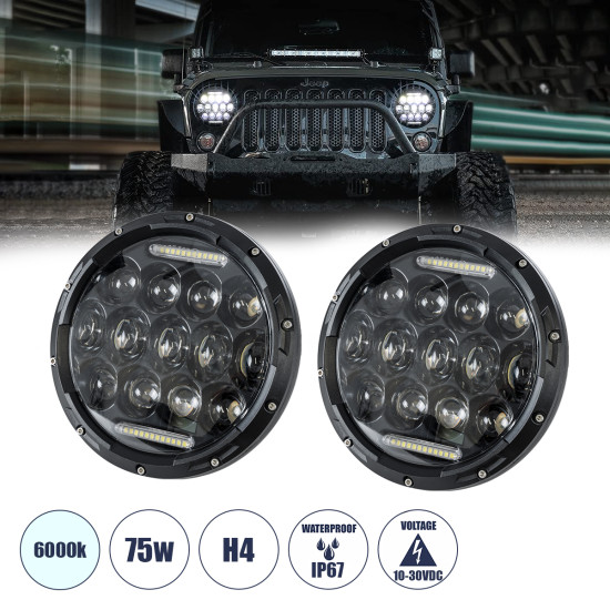 GloboStar® 85417 Σετ 2 x Φανάρια JEEP WRANGLER 7' Ιντσών Βασικού Φωτισμού H/L με Ring Light DRL & Φλας LED CREE CXB COB 75W 12000lm DC 10-30V Αδιάβροχα IP67 Ψυχρό Λευκό 6000K