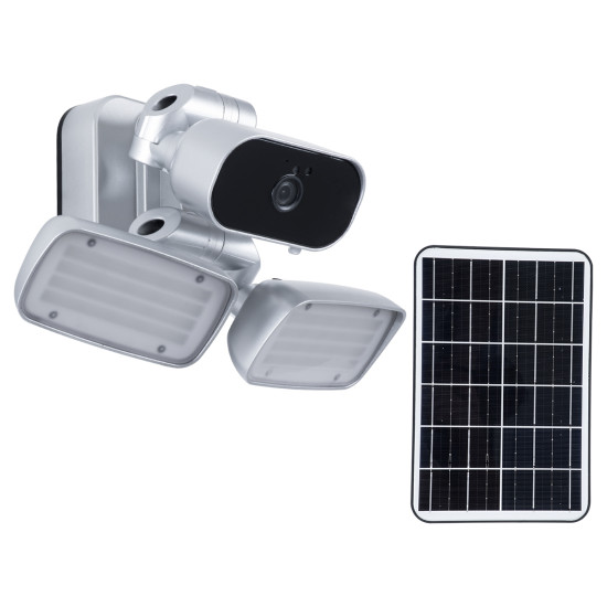 GloboStar® 86044 Αυτόνομος Ηλιακός Προβολέας LED SMD 24W 1200lm με IP Camera 1080P 2MP WiFi 150° Μοιρών - Ενσωματωμένη Μπαταρία 3200mAh - Φωτοβολταϊκό Πάνελ - Αισθητήρα Ημέρας-Νύχτας & Ρύθμιση Χρόνου Ανάμματος - Αδιάβροχος IP66 Ψυχρό Λευκό 6000K - Ασημί