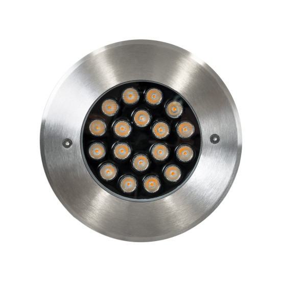 GloboStar® UNDERGROUND-SINA 90571 Χωνευτό Φωτιστικό Σποτ Δαπέδου LED 18W 1620lm 15° DC 24V Αδιάβροχο IP68 Φ20 x Υ11cm Θερμό Λευκό 2700K - Ανοξείδωτο Ατσάλι - 3 Χρόνια Εγγύηση