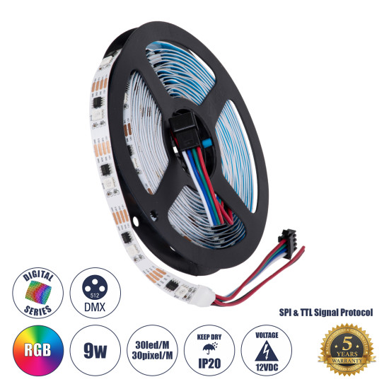 GloboStar® 90599 Digital Pixel Addressable Strip - Ψηφιακή Ταινία LED SMD 5050 9W/m 30LED/m 30PIXEL/m SPI/TTL Protocol IC TM1908 720lm/m 120° DC 12V IP20 RGB - Λευκό Σώμα - Μ5000 x Π10 x Υ2mm - Συσκευασία 5 Μέτρων - 5 Χρόνια Εγγύηση