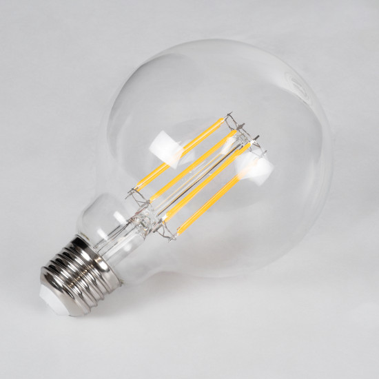 GloboStar® 99011 Λάμπα LED Long Filament E27 G95 Γλόμπος 12W 1200lm 360° AC 220-240V IP20 Φ9.5 x Υ13.5cm Θερμό Λευκό 2700K με Διάφανο Γυαλί - Dimmable - 3 Years Warranty