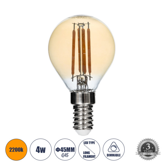 GloboStar® 99033 Λάμπα LED Long Filament E14 G45 Γλομπάκι 4W 350lm 360° AC 220-240V IP20 Φ4.5 x Υ7.5cm Ultra Θερμό Λευκό 2200K με Μελί Γυαλί - Dimmable - 3 Years Warranty