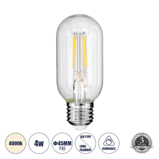 GloboStar® 99057 Λάμπα LED Long Filament E27 T45 Σωλήνας 4W 440lm 360° AC 220-240V IP20 Φ4.5 x Υ11cm Φυσικό Λευκό 4000K με Διάφανο Γυαλί - Dimmable - 3 Years Warranty