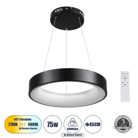 GloboStar® SALEM 61241 Κρεμαστή Πλαφονιέρα Οροφής Δαχτυλίδι-Κύκλος LED CCT 75W 8625lm 120° AC 220-240V - Εναλλαγή Φωτισμού μέσω Τηλεχειριστηρίου All In One Ψυχρό 6000k+Φυσικό 4500k+Θερμό 2700k Dimmable Φ45cm - Μαύρο - 3 Years Warranty