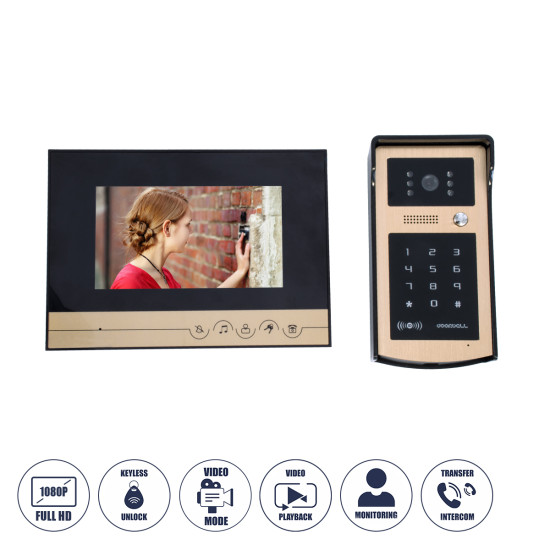 GloboStar® 86059 Σετ Θυροτηλεόρασης με Έγχρωμη Οθόνη Αφής 7" και Κάμερα 1080P HD & 4 Επαγωγικά Κλειδιά για Ηλεκτρονικές Κλειδαριές - Μαύρο - Χρυσό