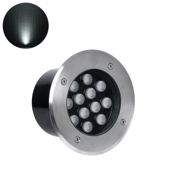 GloboStar® UNDERGROUND-TINA 90668 Χωνευτό Φωτιστικό Σποτ Δαπέδου LED 12W 1380lm 30° DC 24V Αδιάβροχο IP65 Φ16 x Υ9cm Φυσικό Λευκό 4500K - Ανοξείδωτο Ατσάλι - 3 Years Warranty