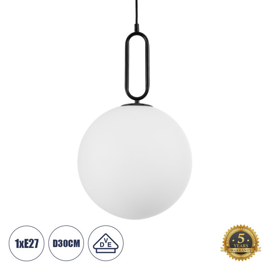 GloboStar® BELLISSIMO 61490 Μοντέρνο Κρεμαστό Φωτιστικό Μπάλα Μονόφωτο 1 x E27 IP20 Λευκό Γυαλί με Μαύρο Μέταλλο - Μ30 x Π30 x Υ52cm