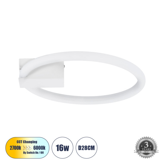 GloboStar® CINDERELLA 60977 Φωτιστικό Οροφής Δαχτυλίδι-Κύκλος LED CCT 16W 1792lm 360° AC 220-240V - Εναλλαγή Φωτισμού μέσω Διακόπτη On/Off All In One Ψυχρό 6000k+Φυσικό 4500k+Θερμό 2700k Φ28cm - Λευκό - 3 Years Warranty