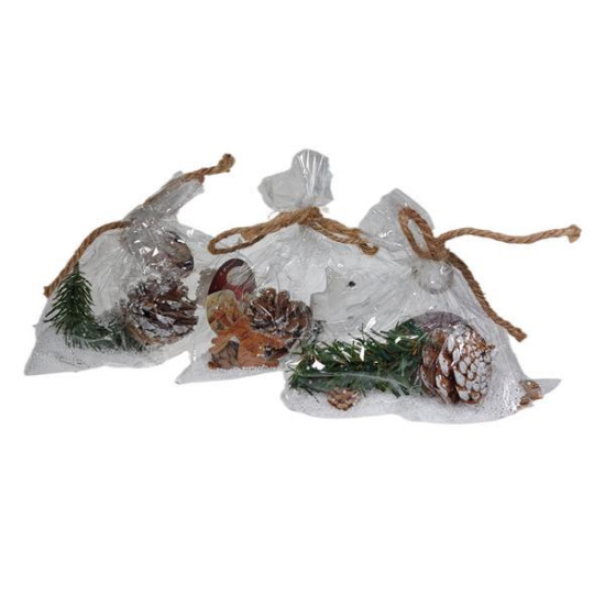 Χριστουγεννιάτικα διακοσμητικά στοιχεία  σε διάφανο πουγκί με χιόνι 17εκ. κοκτέηλ