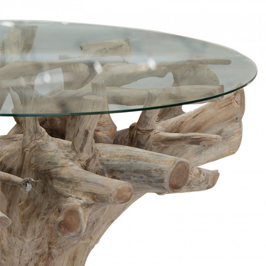 Τραπέζι Kolson pakoworld γυαλί 6mm tempered-χειροποίητo μασίφ ξύλο φυσικό 110x110x76εκ