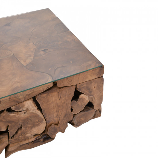 Τραπέζι σαλονιού Gelon Inart φυσικό μασίφ ξύλο teak-γυαλί 100x100x45εκ