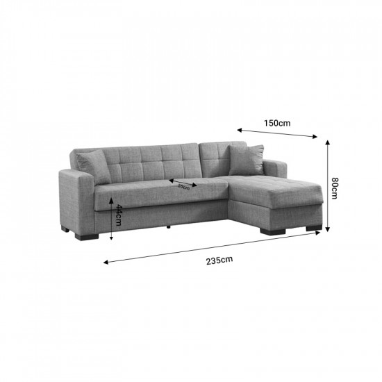 Γωνιακός καναπές-κρεβάτι με αποθηκευτικό χώρο Kansas pakoworld ανθρακί ύφασμα 235x150x80εκ