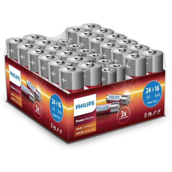 Philips LR036G40W/GRS Power Alkaline Αλκαλικές μπαταρίες υψηλής απόδοσης 40 τμχ | AA x 24 τμχ ΑΑΑ χ 16 τμχ