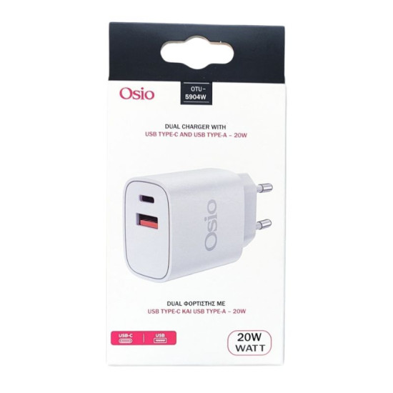 Osio OTU-5904W Διπλός φορτιστής κινητού με USB Type-C και USB Type-A – 20W