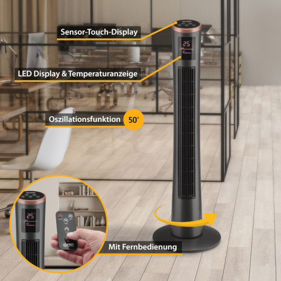 First Austria FA-5560-5-GR Μαύρος ανεμιστήρας πύργος δαπέδου με οθόνη αφής 3 ταχυτήτων ύψους και τηλεχειριστήριο 102cm 40W