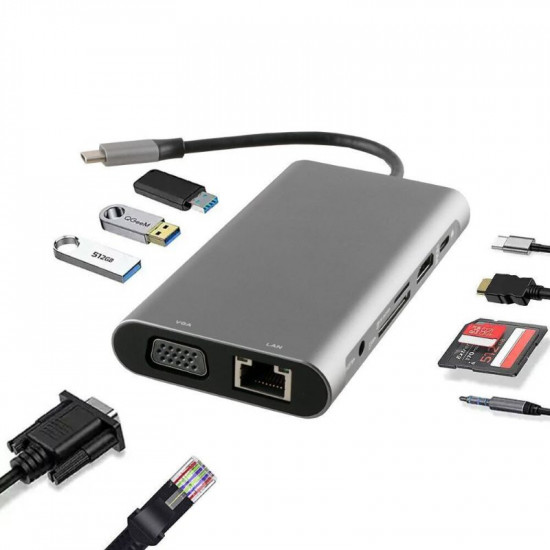 NSP N17 USB-C Hub 10 σε 1 (8340277) Type-C σε VGA με Audio, RJ45, PD, SDXC/SD 3.0, 3 USB 3.0, HDMI 4K
