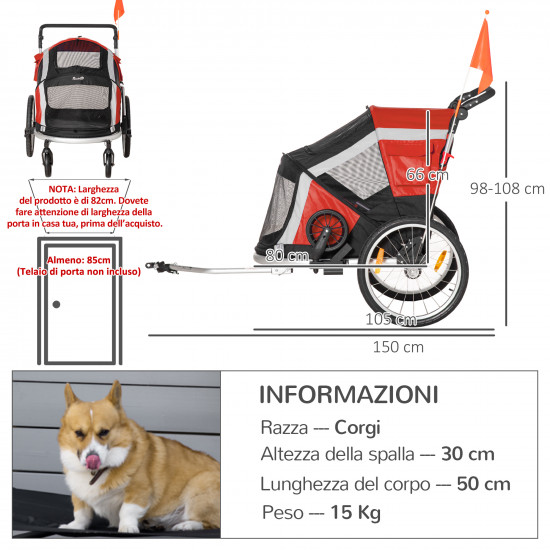 PawHut Dog Bike Trailer για σκύλους κάτω των 30 κιλών με 2 εισόδους, δίχτυα παράθυρα και ανοιγόμενη οροφή, 150x82x98-108cm