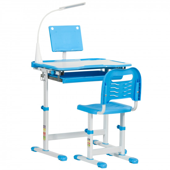 Σχολικό Γραφείο HOMCOM με Καρέκλα για Παιδιά 6-12 ετών Ρυθμιζόμενο ύψος Ανακλινόμενη Κορυφή - Μπλε