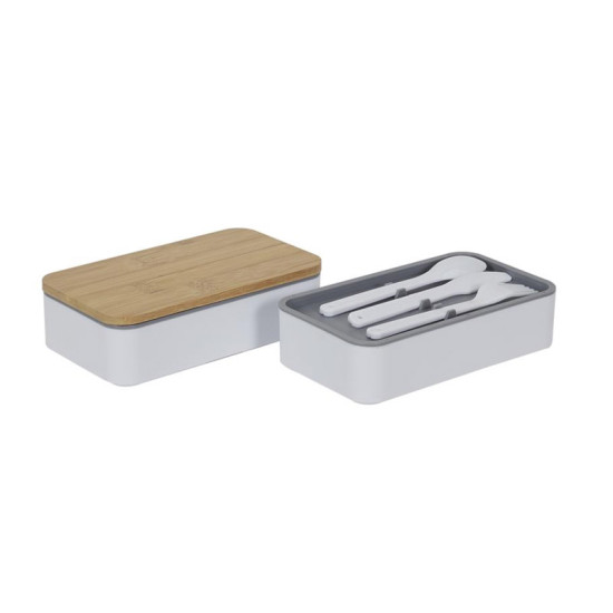 Φαγητοδοχείο - Lunch Box 2 Επιπέδων με Μαχαιροπίρουνα και Καπάκι από Μπαμπού 18.5 x 10.5 x 9.7 cm Cook Concept KA4820