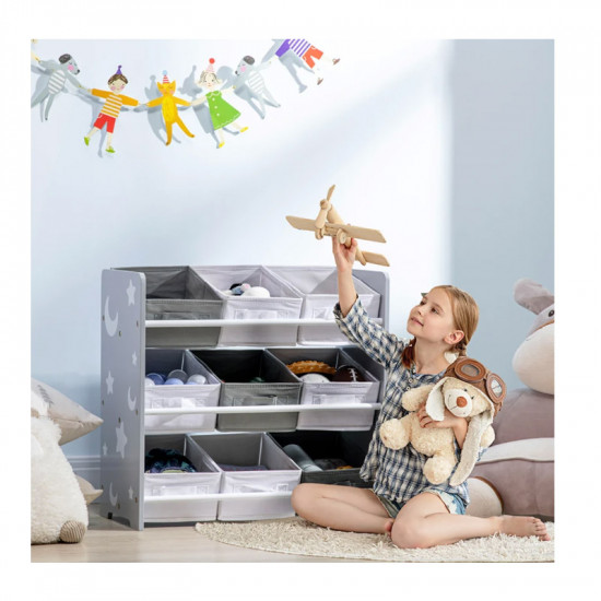 Ξύλινη Παιδική Ραφιέρα με 9 Υφασμάτινα Καλάθια Αποθήκευσης 63 x 30 x 60 cm ZONEKIZ 311-055V00GY