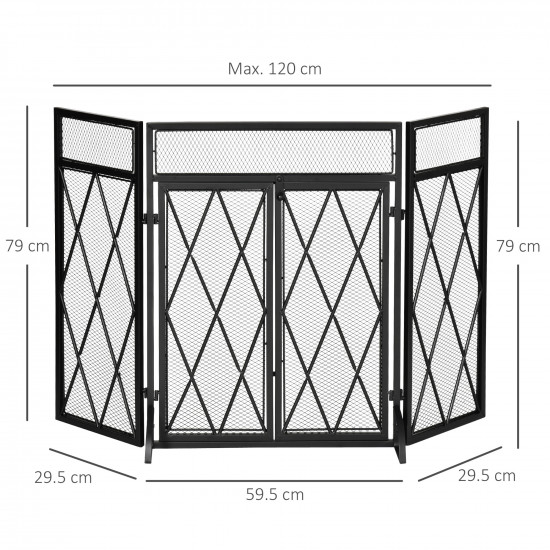 HOMCOM Metal Fire Screen με 3 Πτυσσόμενα Πάνελ και 2 Πόρτες, 120x11,5x79cm - Μαύρο